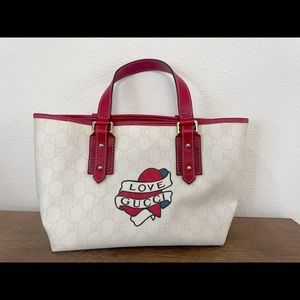 Gucci Tote Bag With Heart Tattoo Handbag White Coated Canvas Tote